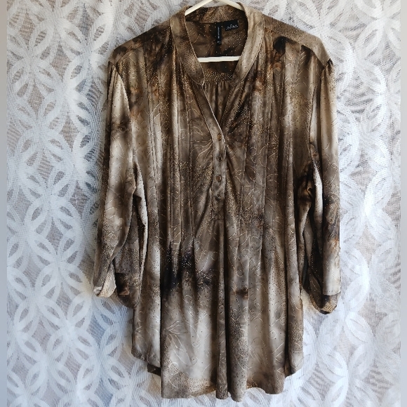 ND New directions blouse top XLG brown Embellished Long Sleeves button front - Picture 1 of 10